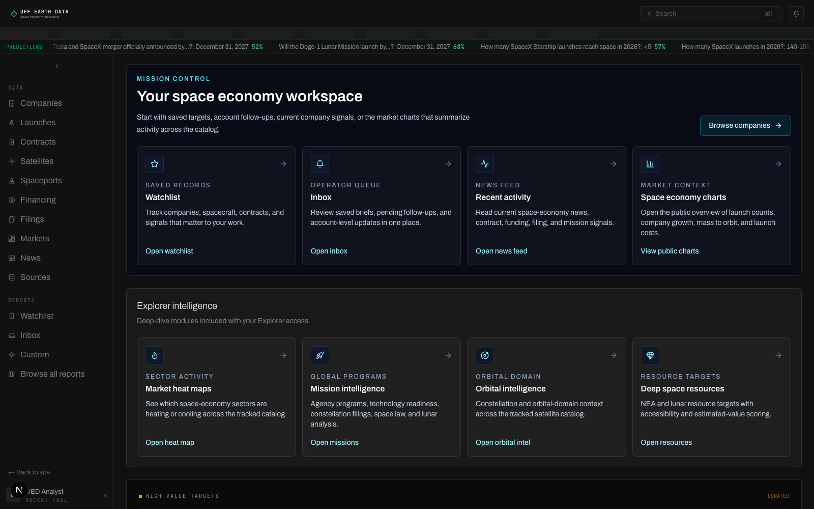 Off Earth Data dashboard showing the mission control workspace, explorer intelligence modules, and data navigation rail
